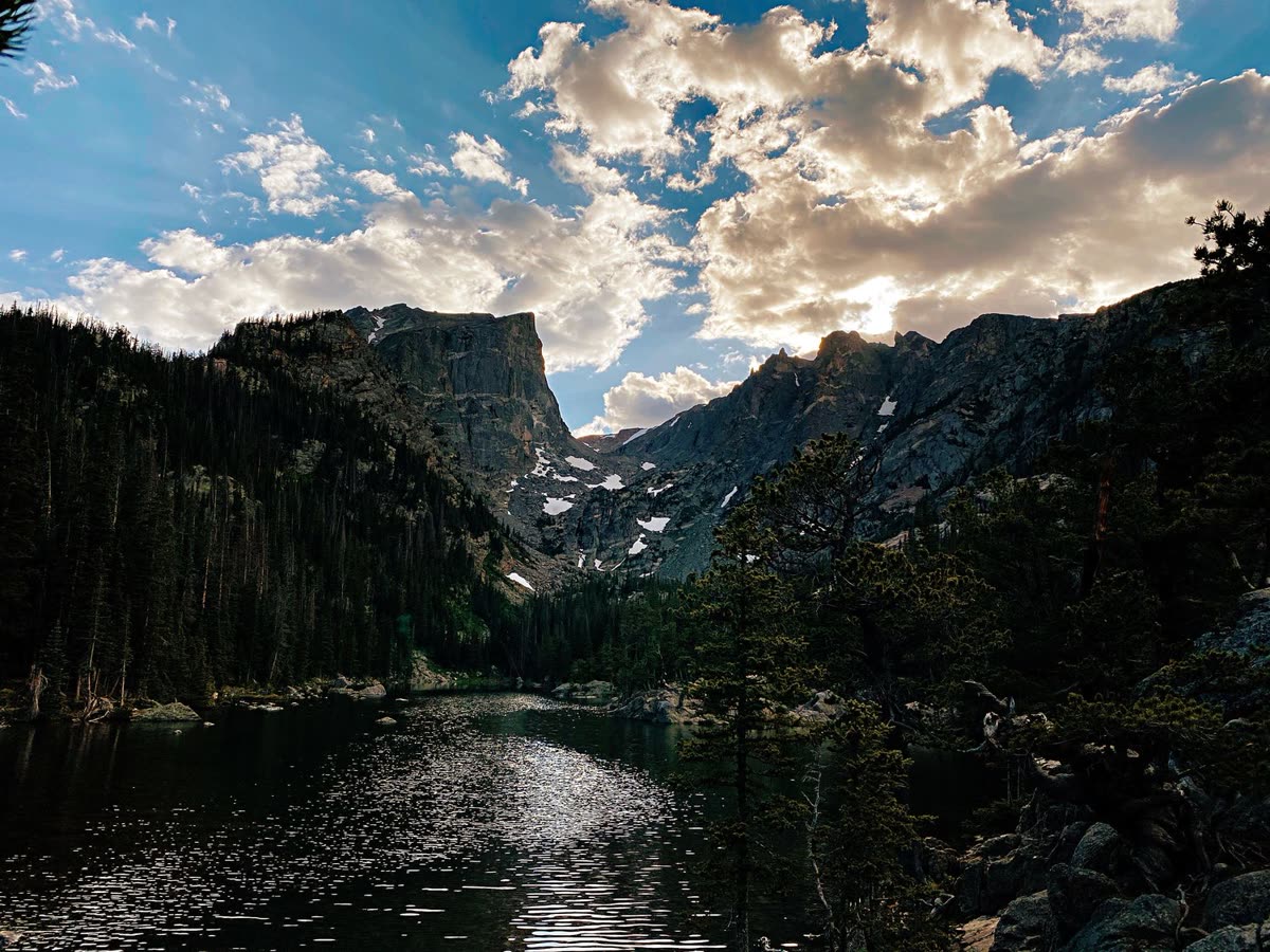 Mountain lake beneath rocky peaks in Colorado